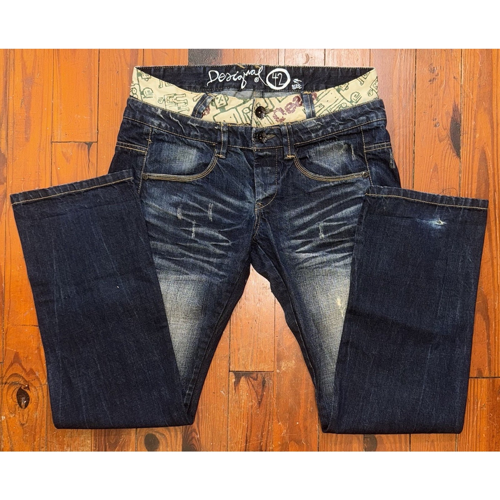 Desigual Artsy Art To Wear Double Waist Denim Jean Y2k Grunge 36/33 Tag Sz 42